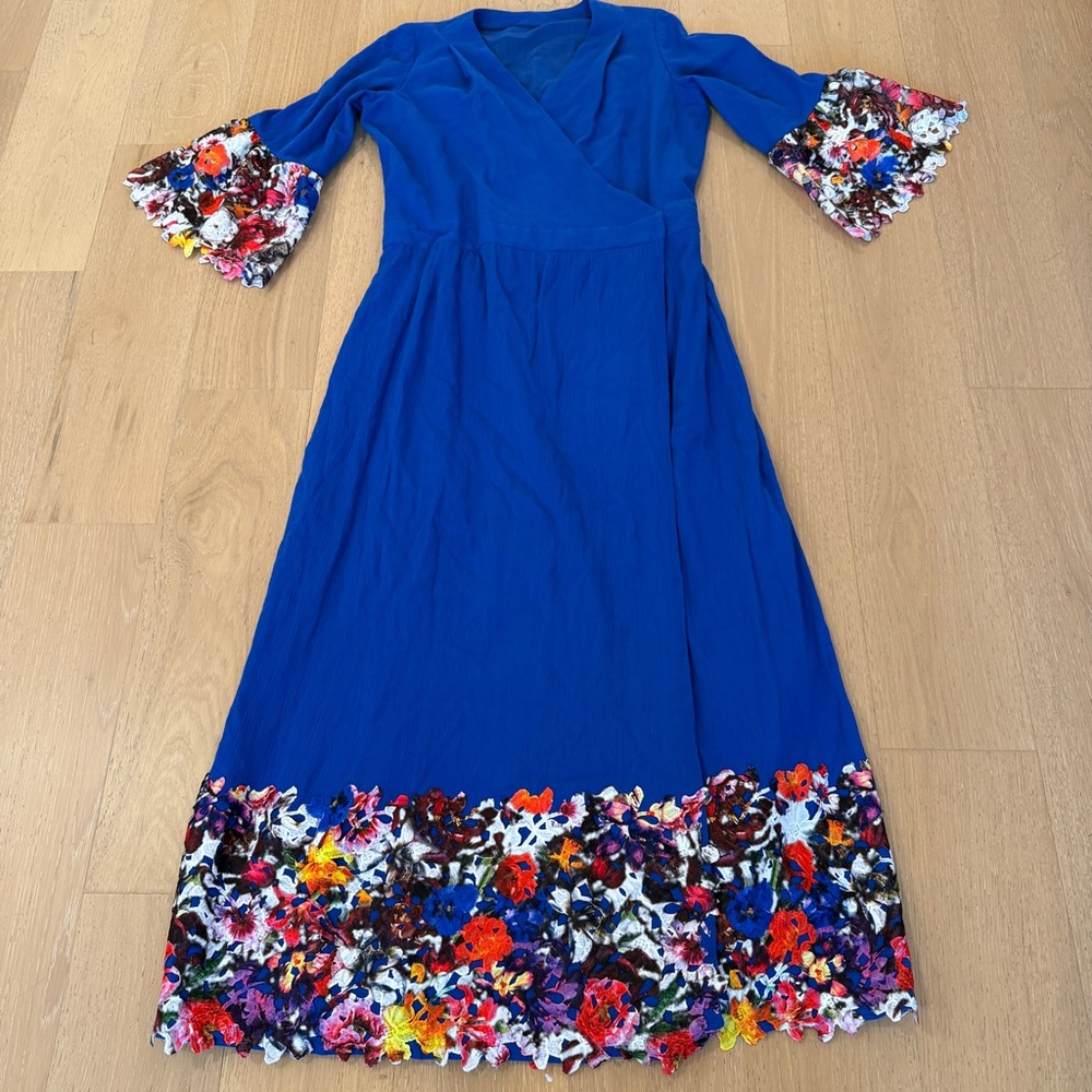 Unique Royal Blue Floral Hem Wrap Dress.
